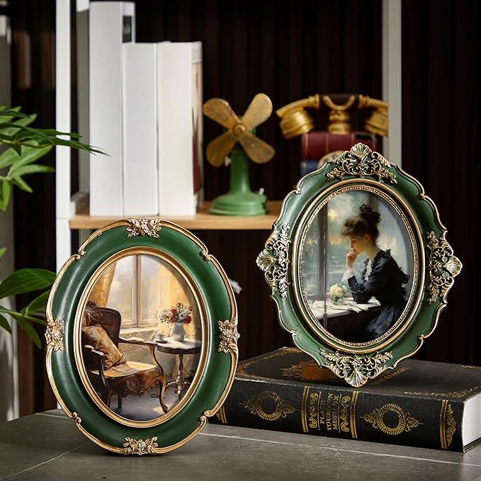 3 Pcs Green Vintage Picture Frame Set Antique Oval Picture Frames 4x6, 5x7 Inch Baroque Photo Ornate Frames with Glass Gift for Tabletop Hanging Wall Art Wedding Home(Antique Style)