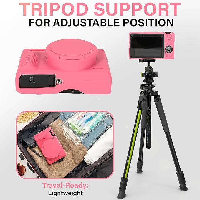 STSEETOP Camera Case for Canon PowerShot G7X Mark III - Protective Silicone DSLR Skin with Lens Cover, Detachable Cage, Shockproof, Dustproof (Azalea Red)
