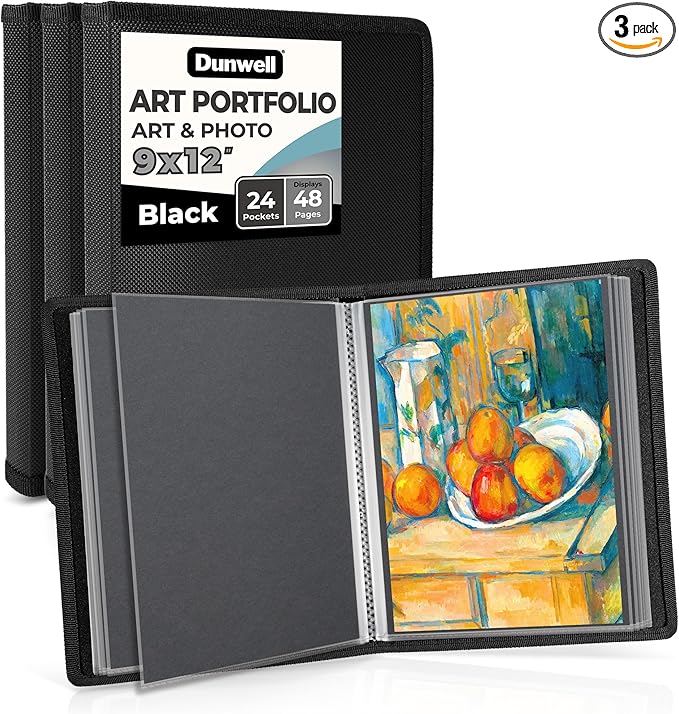 Dunwell 9x12 Art Portfolio Binder (3-Pack, Black), Includes Mounting Paper, Portfolio Binder for Artwork, 9 x 12 Art Folder, 24 Pockets Display 48 Pages, Acid-Free Poly Presentation Book