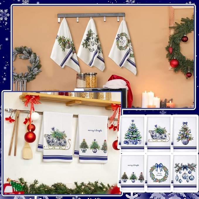 Preboun 6 Pcs Christmas Kitchen Towels Chinoiserie Decorative Hand Towels Blue and White Christmas Ball Dish Cloth Farmhouse Tea Cloth Kitchen Accessories Bathroom Decor