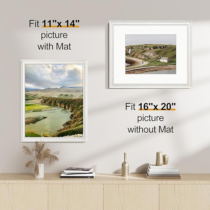 Vittanly 16x20 Picture Frames Set of 2, Ornate Vintage Photo Frame for Wall Mount, Display 11x14 Pictures with Mat or 16x20 without Mat, Rustic White
