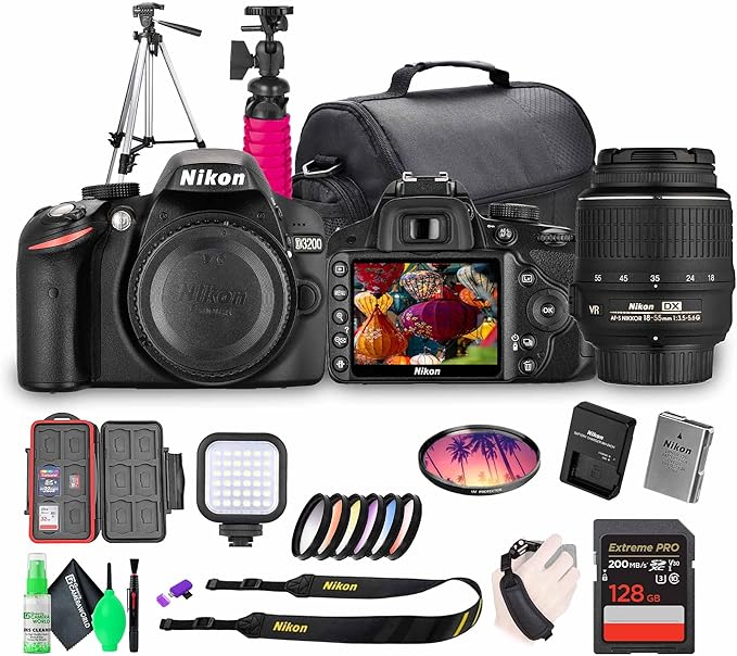 Nikon D3200 24.2MP DSLR Camera Kit with 18-55mm VR Zoom Lens – Full HD 1080p Video Capture, Fast 11-Point Autofocus System + 72" Tripod + 128GB Memory Card + Camera Bag + LED Light + More