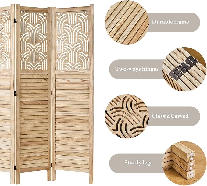 Folding Room Divider, 66.9 Inch 6 Panels Wood Carved Privacy Screens, Free Assembled Freestanding Portable Separation Wall for Home Office Bedroom (Natural)
