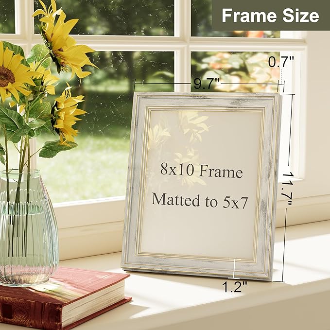 Vittanly 8x10 Picture Frame Set of 4, Vintage Photo Frame for Wall or Tabletop, Display 5x7 Pictures with Mat or 8x10 without Mat, Rustic Farmhouse Home Decor, Distressed White