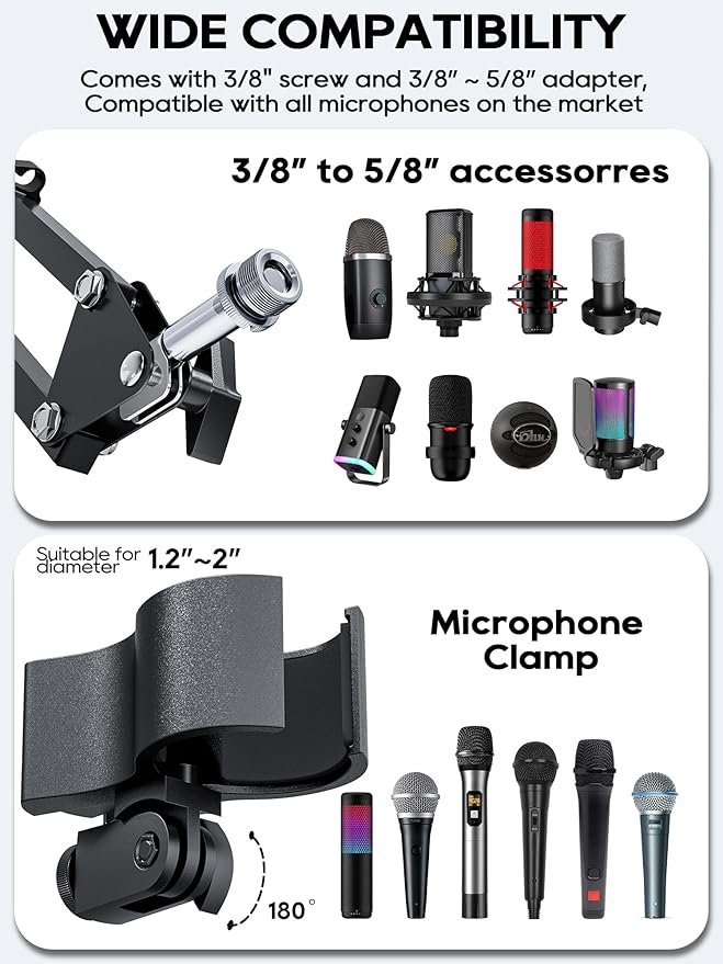 Boom Arm, 360° Rotatable Microphone Stand with Desk Mount, Foldable Desk Mic Arm with 3/8'' to 5/8'' Screw Adapter, Microphone Arm for Live Streaming, Gaming, Podcasting