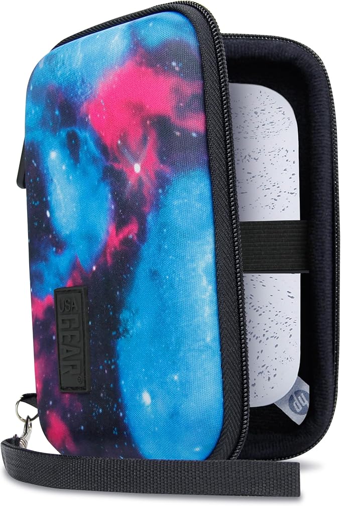 USA Gear Instant Printer Case Compatible with HP Sprocket 2x3, Instax Mini Link 2, Kodak Printomatic, Photo Paper, Cable & more - Hard Shell Portable Printer Carrying Case with Wrist Strap (Galaxy)