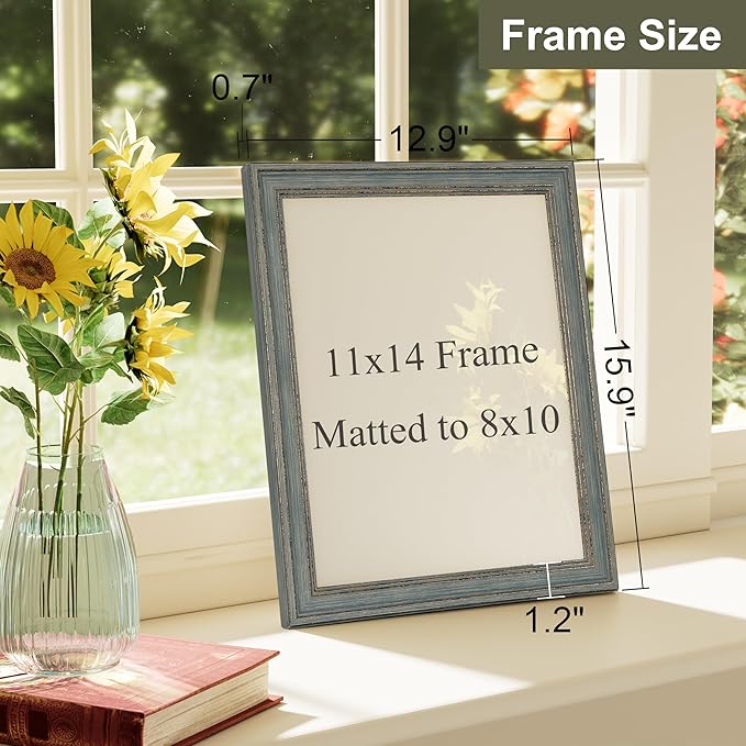 Vittanly 11x14 Picture Frame Set of 4, Vintage Photo Frame for Wall Mount, Display 8x10 Pictures with Mat or 11x14 without Mat, Rustic Farmhouse Home Decor, Vintage Blue