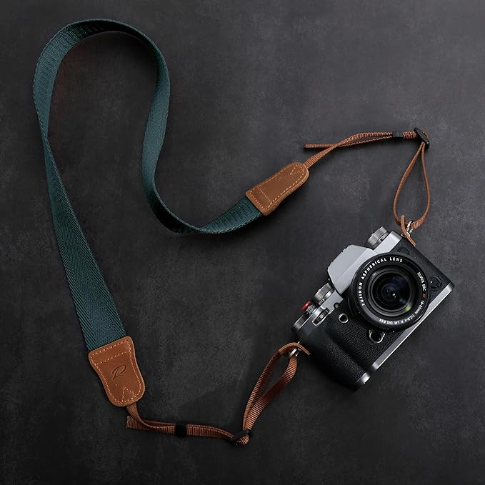 Padwa Lifestyle Dark Blue Green Camera Strap -Double Layer Crazy Horse Cowhide End,1.5" Wide Pure Cotton Woven Camera Straps,Adjustable Neck Shoulder Strap for All DSLR Cameras,Gift for Photographers
