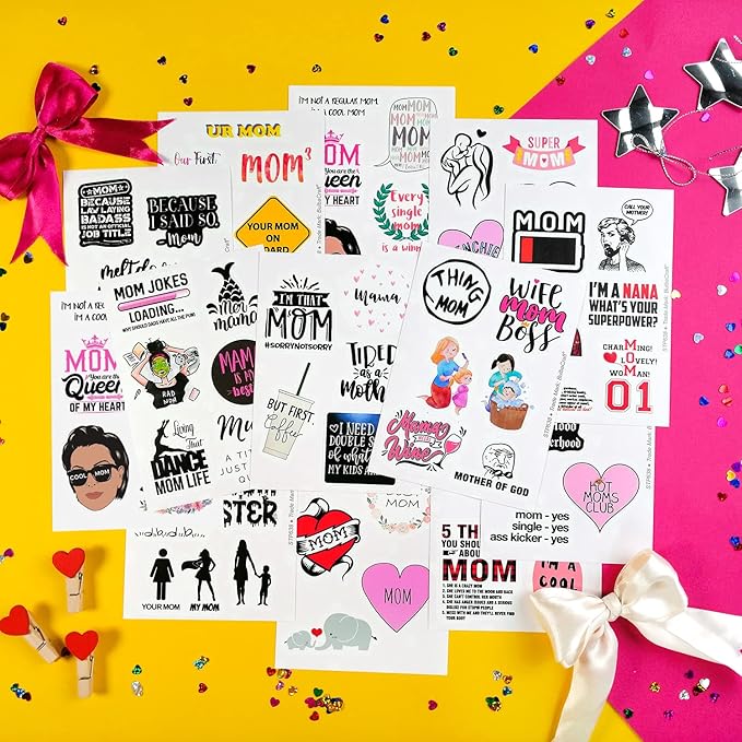 BulbaCraft 100 Pcs Funny Mom Stickers for Water Bottles - Mama Sticker, Funny Gifts for Mom, Mother Decals, Mothers Day Laptop Decals, Gifts for Women & Men