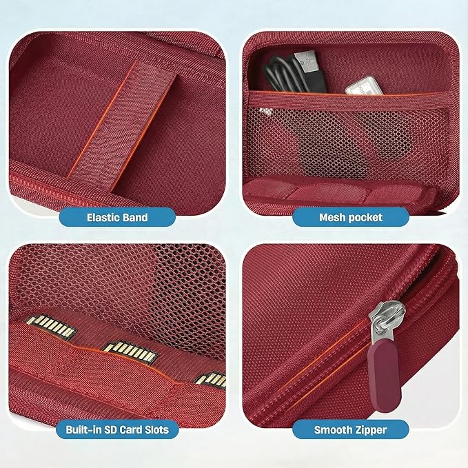 Digital Camera Case for CAMKORY/KODAK PIXPRO FZ45/FZ55/Canon IXUS 285 HS/AbergBest/Sony DSCW800/DSCW830 - Small Travel Compact Camera Holder with Mesh Pocket for SD Card & Accessories (Wine Red)