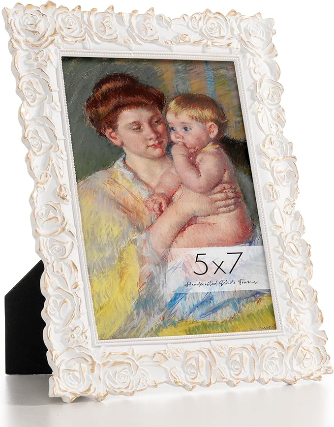 Axeman Antique Picture Frame 5x7 | Vintage 5 x 7 Picture Frame with Real Glass | Ornate Rose 5x7 Frame for Wall & Tabletop Display | White Gold 5 by 7 Frame - White Gold