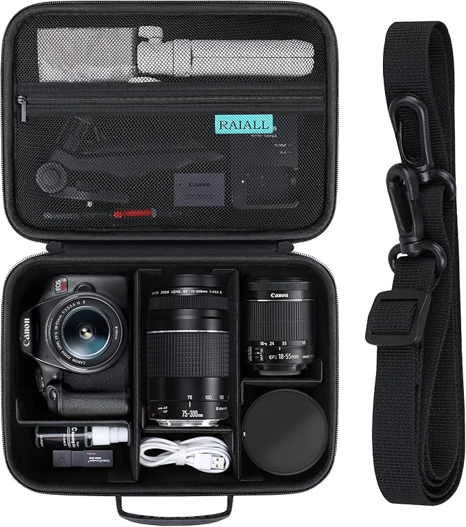 RAIALL Camera Case for Canon EOS Rebel T7/R50/R50V/R100/R6 Mark II/R5/ R8/R10/RP/R7/Sony/Nikon D7500 DSLR Camera, Lens, Tripod, Hard Protective Travel Bag with a Shoulder Strap and 5 Dividers, Black