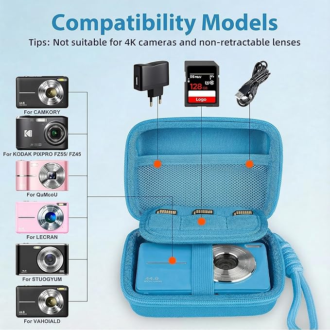 Digital Camera Case for CAMKORY/KODAK PIXPRO FZ45/FZ55/Canon IXUS 285 HS/AbergBest/Sony DSCW800/DSCW830 - Small Travel Compact Camera Holder with Mesh Pocket for SD Card & Accessories (Sky Blue)