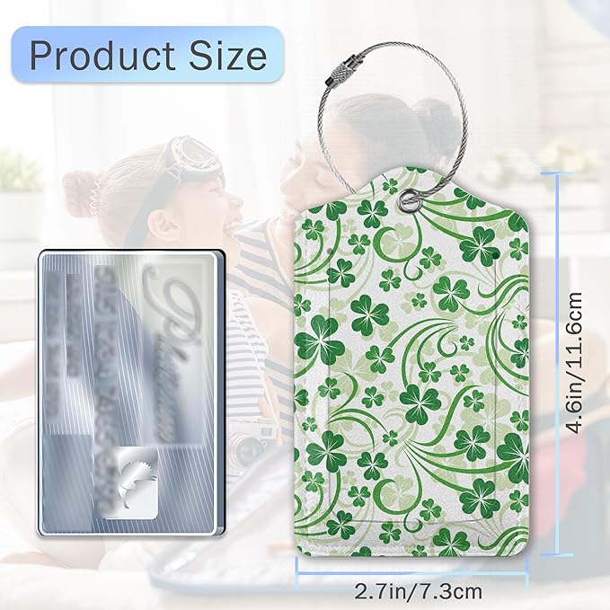 3 Pack Luggage Tags,St.Patrick's Day Shamrock PU Leather Luggage Tags for Suitcase,Name ID Labels with Privacy Cover Suitcases and Metal Loop for Bag Suitcase