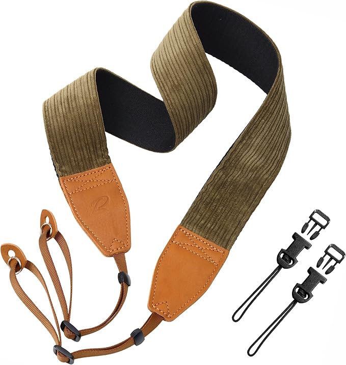 Padwa Lifestyle Olive Green Corduroy Camera Strap - 2" Double Layer Full Grain Cowhide Leather Head Camera Straps for Photographers, Unique Soft Corduroy Fabric with Quick Release fits all Cameras