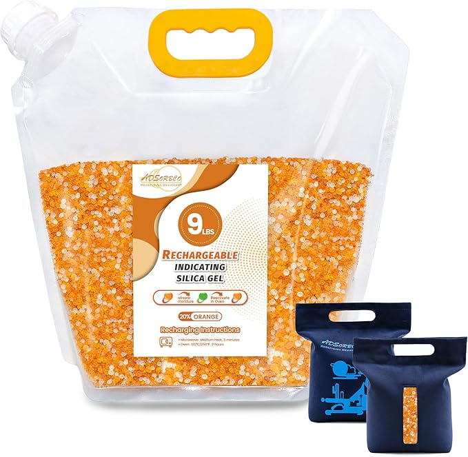 Silica Gel Desiccant Beads – Reusable Desiccant Bulk 3mm Beads for 3D Filament, Electronics, Cameras, Jewelry, and Safes (Orange White MIX, 9 LBS+2 Bags)