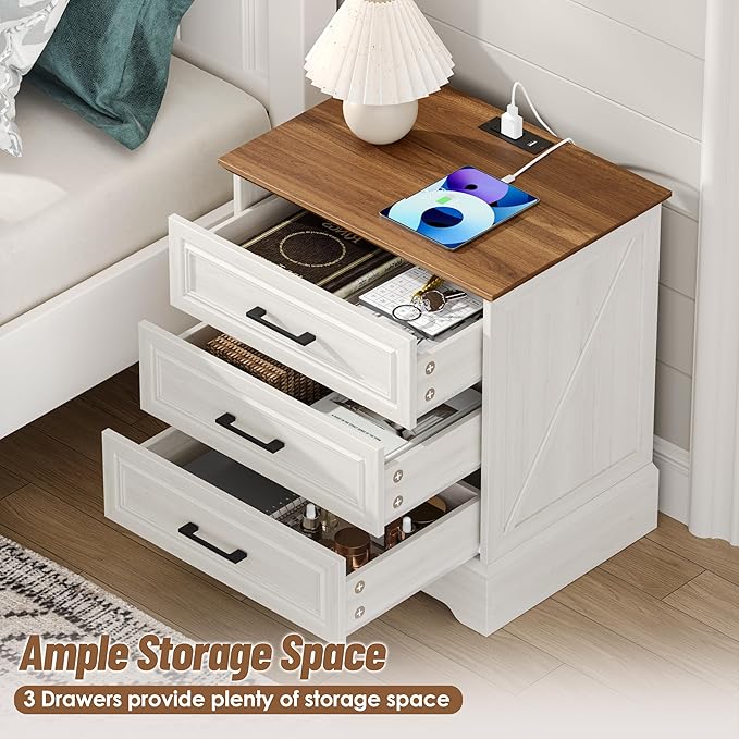 Farmhouse Nightstand with Charging Station, 22" Wide Bedside Table with 3 Large Drawers & Bar Handles, Side End Table with Stable Support Base, for Bedroom, Off White