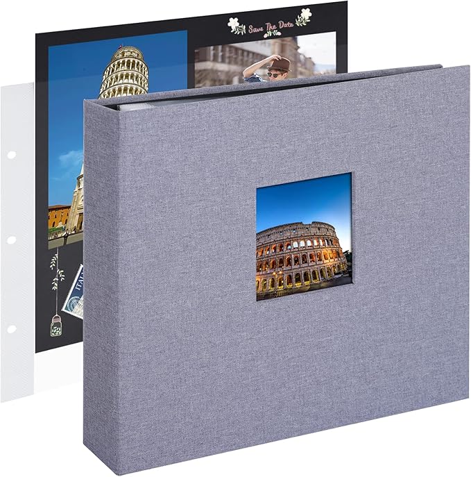 1DOT2 10x10 Inch 3 Ring DIY Scrapbook Photo Album Journal with 30 Plastic Sleeves 60 Pages and Fabric Cover for Baby Travel Wedding Couple Anniversary kids Adventure (Gray Cover/Black Pages)