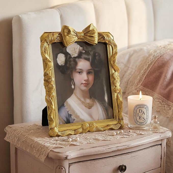 8x10 Picture Frame Gold Bow Frames, Vintage 8 by 10 Photo Frame with Bowknot Design, Ornate Handcrafted Resin Antique Frame with Glass Front for Wall and Tabletop Display, Home Decor, Gift Ideas