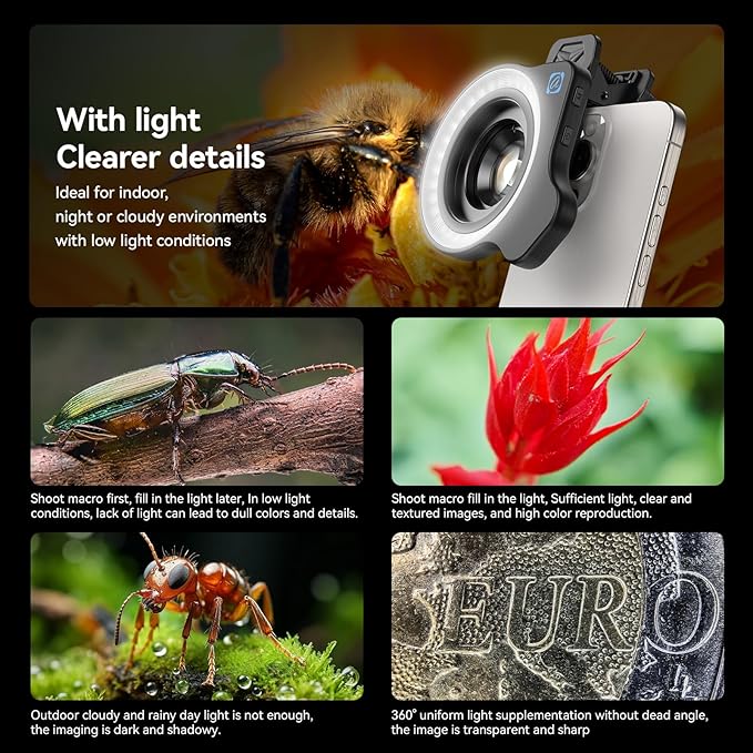 APEXEL Professional Macro Photography Lens with Fill Light for Smartphone, Macro Lenses for iPhone, Samsung, Galaxy, Android Phone(Fits for Almost All Phone), Cell Phone Lens Attachment for iPhone