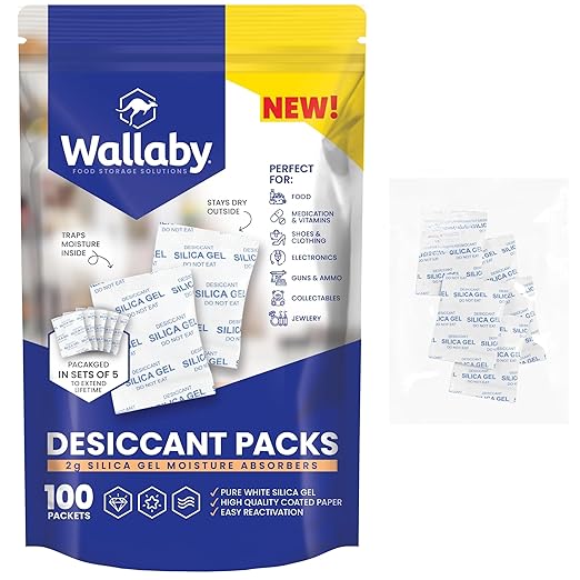 Wallaby 2 gram (100 Packets) Food Safe Pure White Silica Gel Desiccant Dehumidifier Packs - Rechargeable & Coated Moisture Absorbers - Protects Against Moisture Damage - (Packed in 20x Sets of 5)