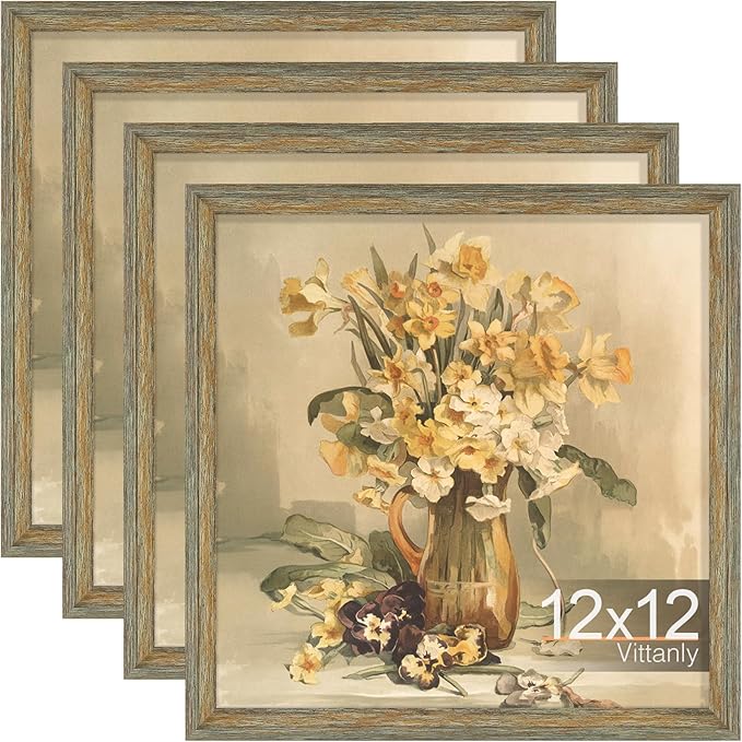 Vittanly 12x12 Picture Frame Set of 4, Vintage Photo Frame for Wall or Tabletop, Display 8x8 Pictures with Mat or 12x12 without Mat, Rustic Farmhouse Home Decor, Vintage Green