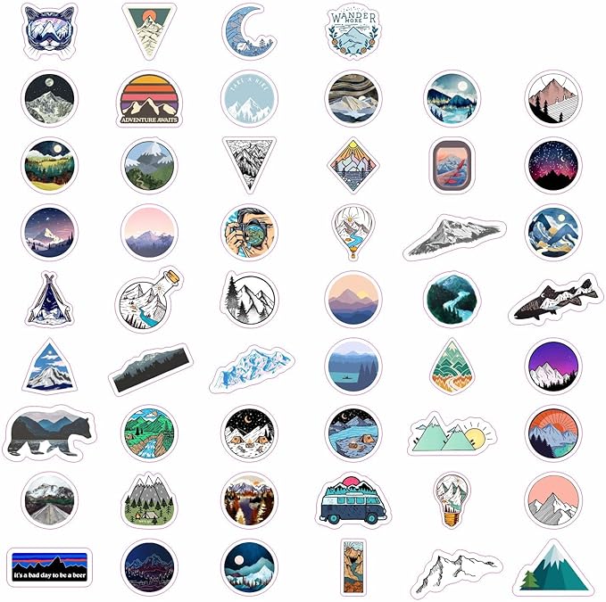 BulbaCraft 100 Pcs Mountain Stickers for Water Bottle, Outdoor Stickers, Camping Decals, Nature Decals, Party Supplies Camping Theme, Gifts for Women & Men