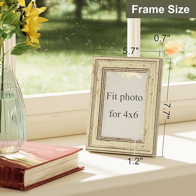Vittanly 4x6 Picture Frame Set of 4, Vintage Photo Frame for Wall or Tabletop, Display 4x6 Pictures, Rustic Farmhouse Home Decor, Green Gold