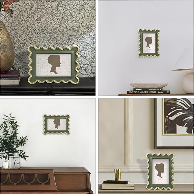 AELS 4x6 Inch Vintage Scalloped Picture Frame, Mid Century Modern Antique Photo Frames with Glass Front, Photo Display, Tabletop Wall Hanging, Gift Ideas, Green