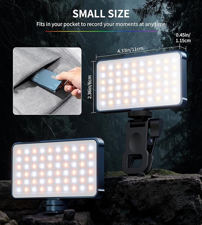 Selfie Light, 96 LED Phone Light with Metal Hotshoe & Clip, 1500mAh Rechargeable 360° Full Color 21 Scenes RGB Video Light for Phones, iPhone, Laptops, Cameras, Selfie, TikTok, Gifts for Men & Women