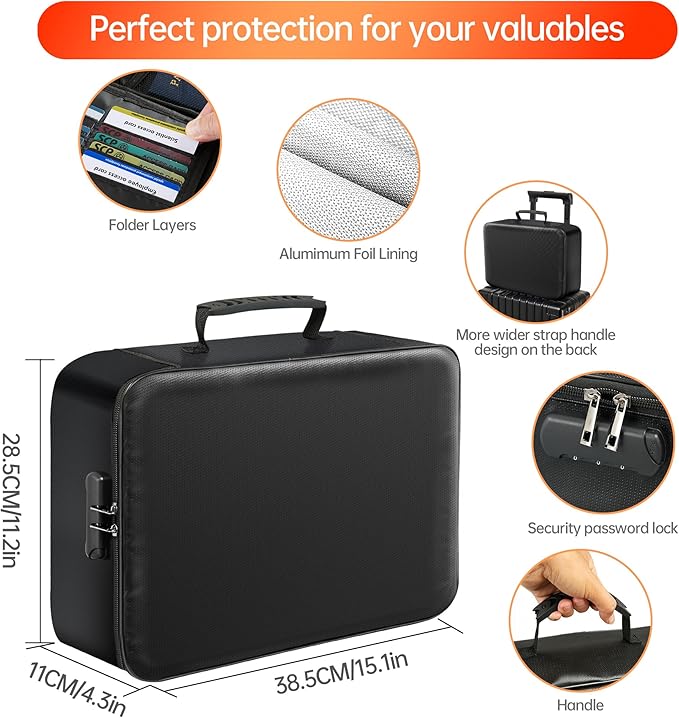 GIANTLUMl Document Bag with Lock,Fireproof 3-Layer File Storage Case with Water-Resistant Zipper,Document Safe Portable Travel Home Organizer Bag for Laptop,Home&Office,Certificates,Gifts for Him