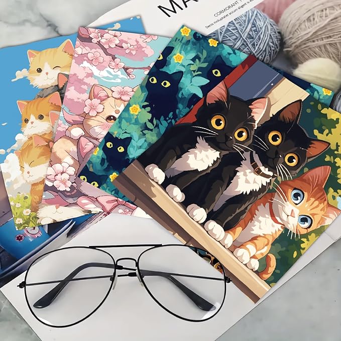 CREATCABIN 6 Pcs Cute Cat Microfiber Glasses Cleaning Cloth Reusable Thicken Sunglasses Cloth Soft Multicolor Eyeglasses Cleaner Wipes Washable for Camera Cell Phone Screens Glasses Gift 6x6in