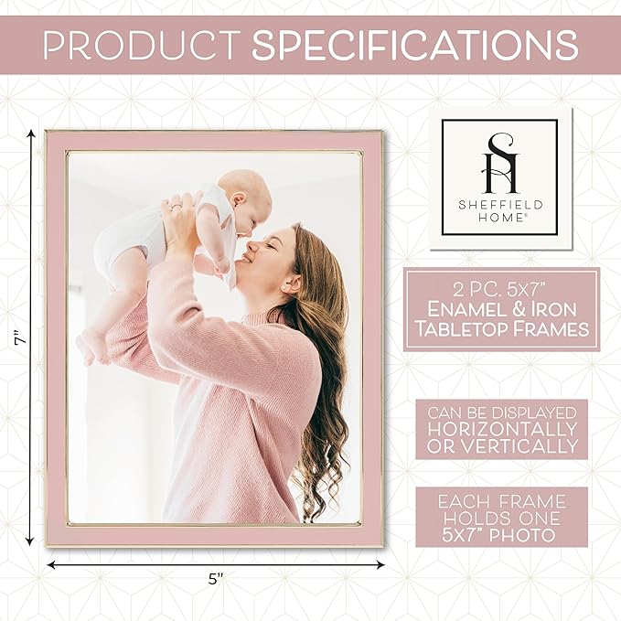 Sheffield Home Tabletop Picture Frame – Iron Enamel Decorative Display Frame for Home or Office, 5x7 Inch, Pink