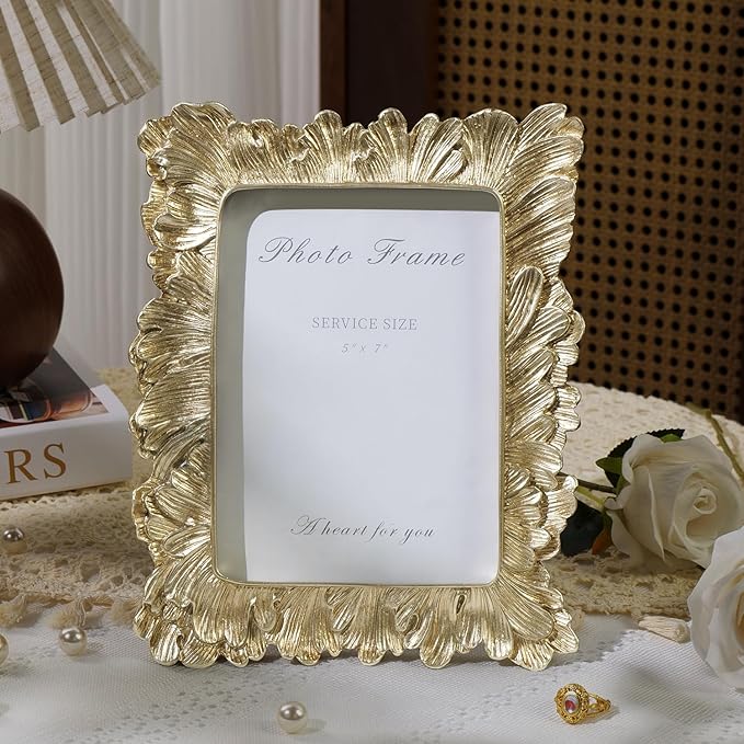 Cuspin Gold 5x7 Picture Frame, Vintage Gold Palm Leaves Textured Hand-Crafted Resin Frame with Glass Front, Elegant Retro Photo Frame for Wall and Tabletop Display Home Decor