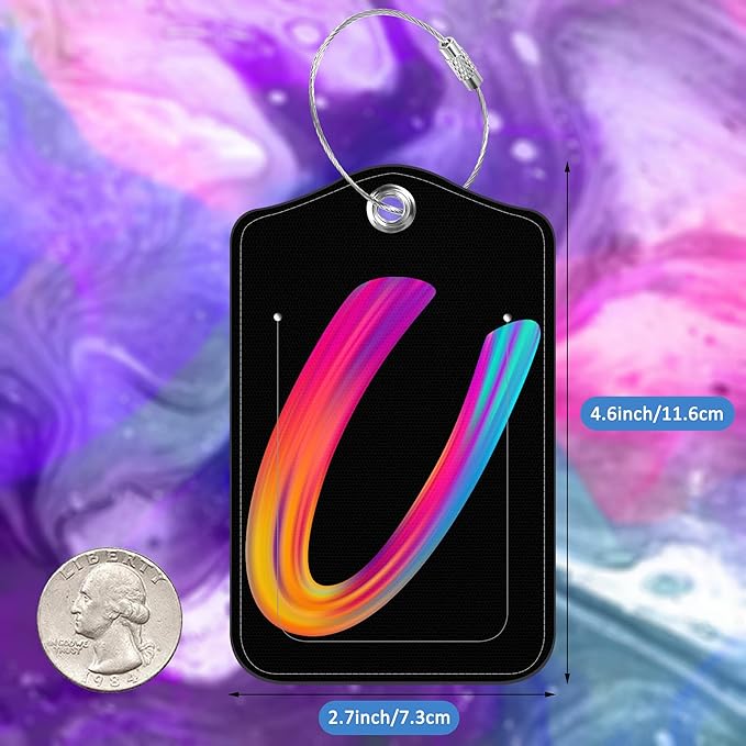 Luggage Tags for Suitcase,2 Pack Neon Colorful Letters Luggage Tags,Leather Baggage Tags Identifiers with Privacy Name Address Labels and Metal Loop for Women Men Girls Travel,Letter U