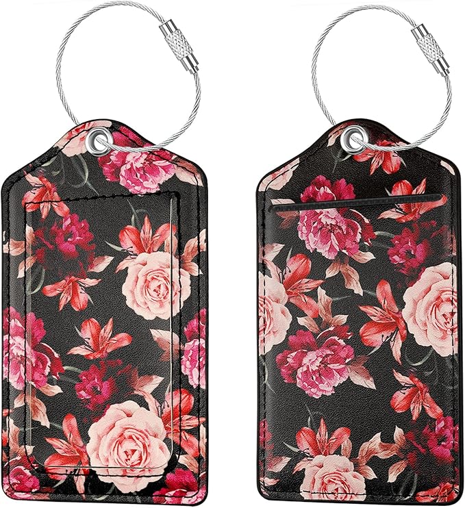 (Set of 2) Luggage Tag Leather Privacy Cover ID Label Address Card with Stainless Steel Loop, Travel Bag Tags Suitcase Labels, Black Flowers