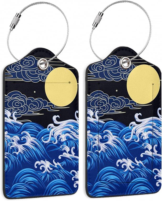 Japanese Sea Wave Moon Luggage Tag, Luggage Tags of Set 2 Leather Identifiers Privacy Cover with Stainless Steel Loop for Women Men Travel Bag Suitcase
