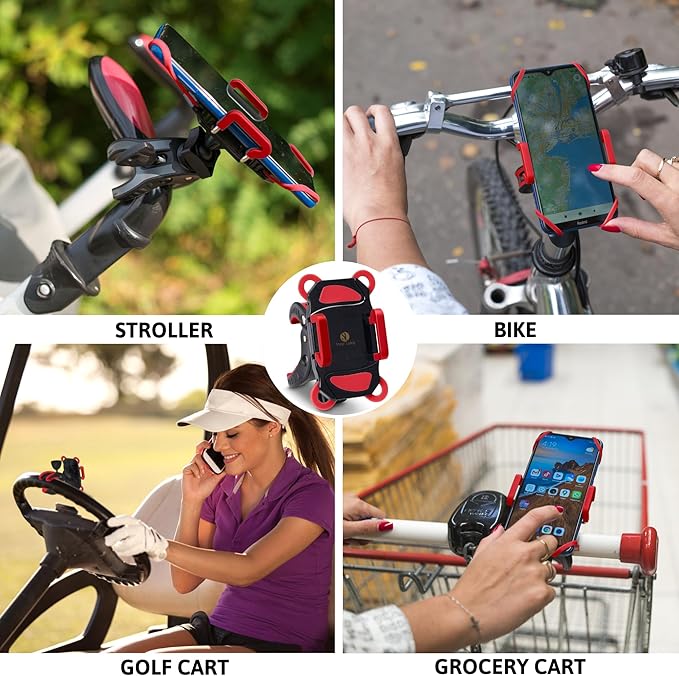 Baby Stroller Phone Holder, Shopping Cart, Golf Cart, Push Cart, Bike Phone Mount, for Motorcycle, Scooter, ATV, Boat, Spin Bike, Treadmill, Handlebar- Universal- iPhone, Cell Phone Clamp (Red)