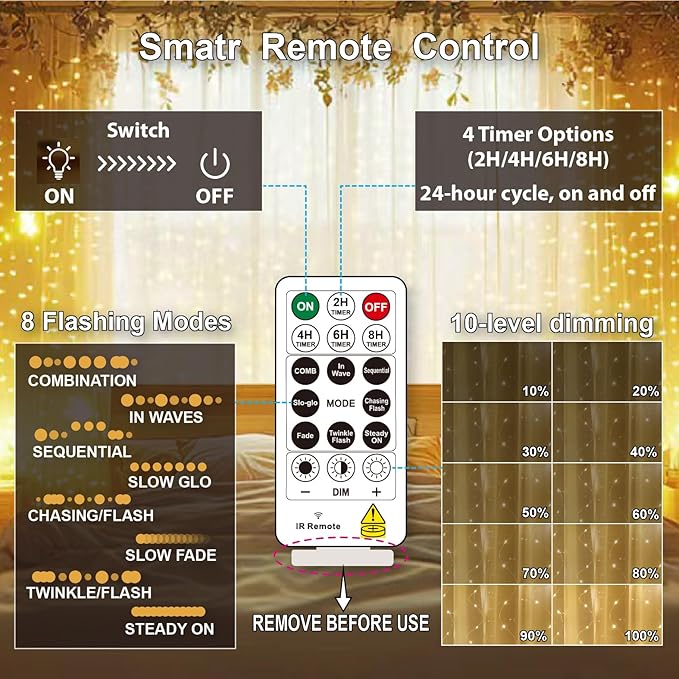 HXWEIYE 300LED Fairy Curtain Lights, 9.8x9.8Ft USB Plug-in 8 Modes Christmas String Hanging Lights with Remote for Bedroom Backdrop Wedding Indoor Wall Decor, Warm White, Standard – 2 Pack