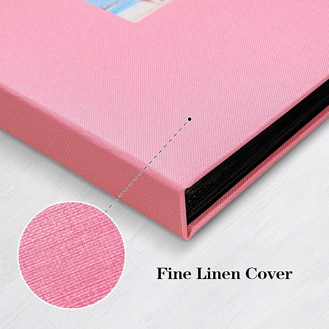 Mublalbum 2 Pack Small 5x7 Photo Album Linen Cover with Display Window Mini Picture Book Each Holds 52 Vertical Pockets for Artwork Postcards or Pictures Storage (Pink)