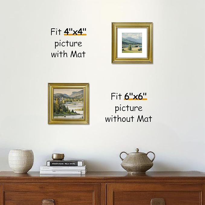 VIOLABBEY 6x6 Picture Frame Gold, Vintage Photo Frames Square, Fits Pictures 4x4 with Mat or 6 x 6 without Mat, Display for Tabletop and Wall