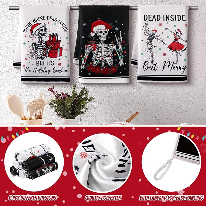 Preboun 6 Pcs Gothic Christmas Kitchen Towels Black and White Dish Cloth Xmas Skeleton Hand Towels Decorative Farmhouse Tea Cloth Absorbent for Holiday Kitchen Bathroom Decor