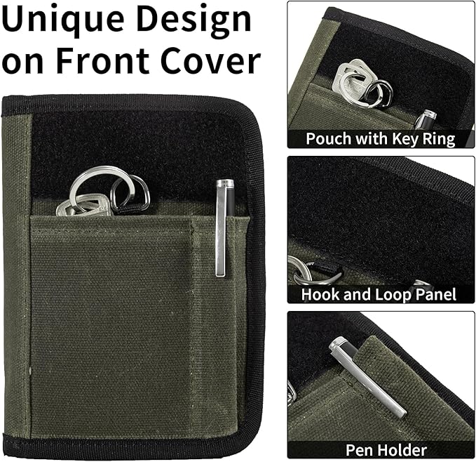 Field Notes Notebooks Cover for 3.5 X 5.5 Inch, Waxed Canvas Field Journal Covers With Notes Wallet, Water Resistant Journal Notebook Planner,Velcro Design and D-Ring Keychain (Army Green)