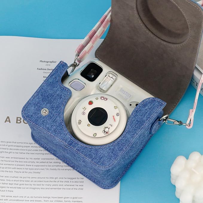 Frankmate Protective Case Compatible with Fujifilm Instax Mini SE/7+ Camera, Sweetheart Denim Camera Bag with Pocket and Adjustable Shoulder Strap