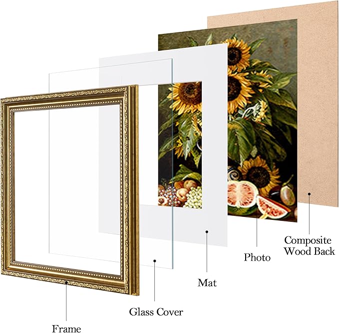 eletecpro 10x10 Picture Frames Set of 4, Antique Frame with Glass Cover, Vintage 10 x 10 Gold Photo Frames Display 8x8 Photo with Mat or 10x10 without Mat for Tabletop or Wall Decor, Gold