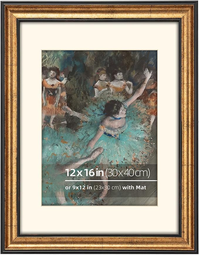 12x16 Antique Gold with Dark Brown Border Trim Wood Ornate Vintage Classic Picture Frame, With Mat 9x12 inches, Plexi Glass Cover, Horiztonal or Vertical Display, 2 Pack