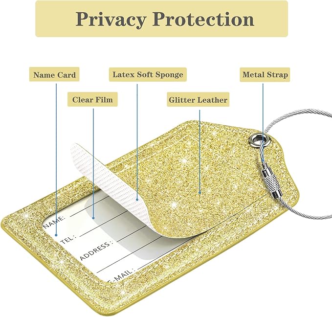 (Set of 2) Luggage Tag Leather Privacy Cover ID Label Address Card with Stainless Steel Loop, Travel Bag Tags Suitcase Labels, Glitter Gold