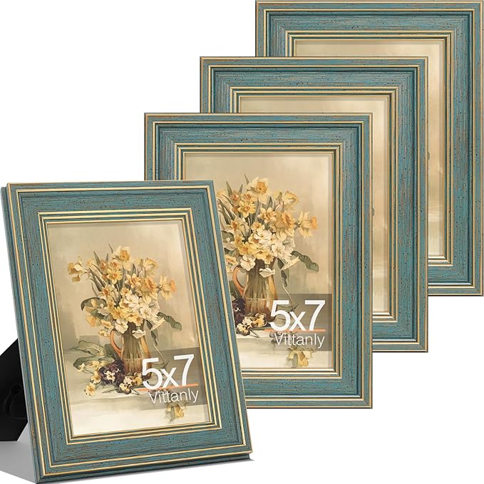 Vittanly 5x7 Picture Frame Set of 4, Vintage Photo Frame for Wall or Tabletop, Display 5x7 Pictures, Rustic Farmhouse Home Decor, Blue