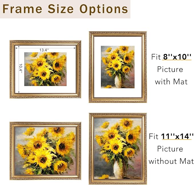 11x14 Vintage Picture Frame with 8x10 Mat Set of 2, Elegant Retro 11 by 14 Photo Frame with Shatter-Resistant Plexiglass for Wall Hanging, Gallery Decor & Gift, Gold, 2 Pack