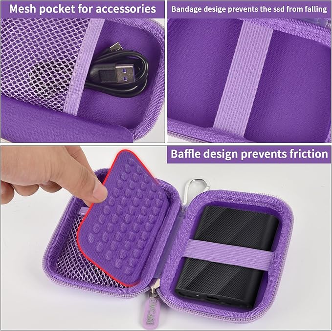 Case Compatible with Samsung T9/ T7/ T7 Shield Portable SSD 1TB 2TB 4TB External Hard Drive, Storage Travel Carrying Holder Organizer for Solid State Drives & USB Cable (Box Only)-Purple